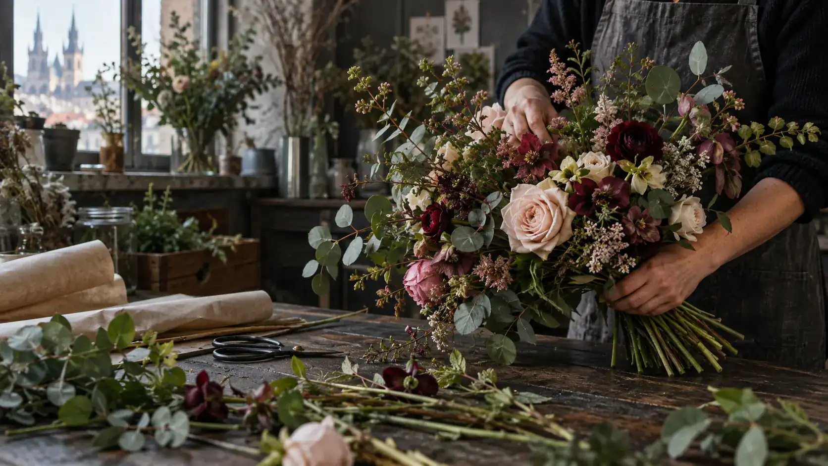 Detail práce floristky v kvetinovom ateliéri